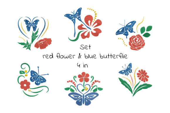 Review: Set of Red Flowers and Blue Butterflies